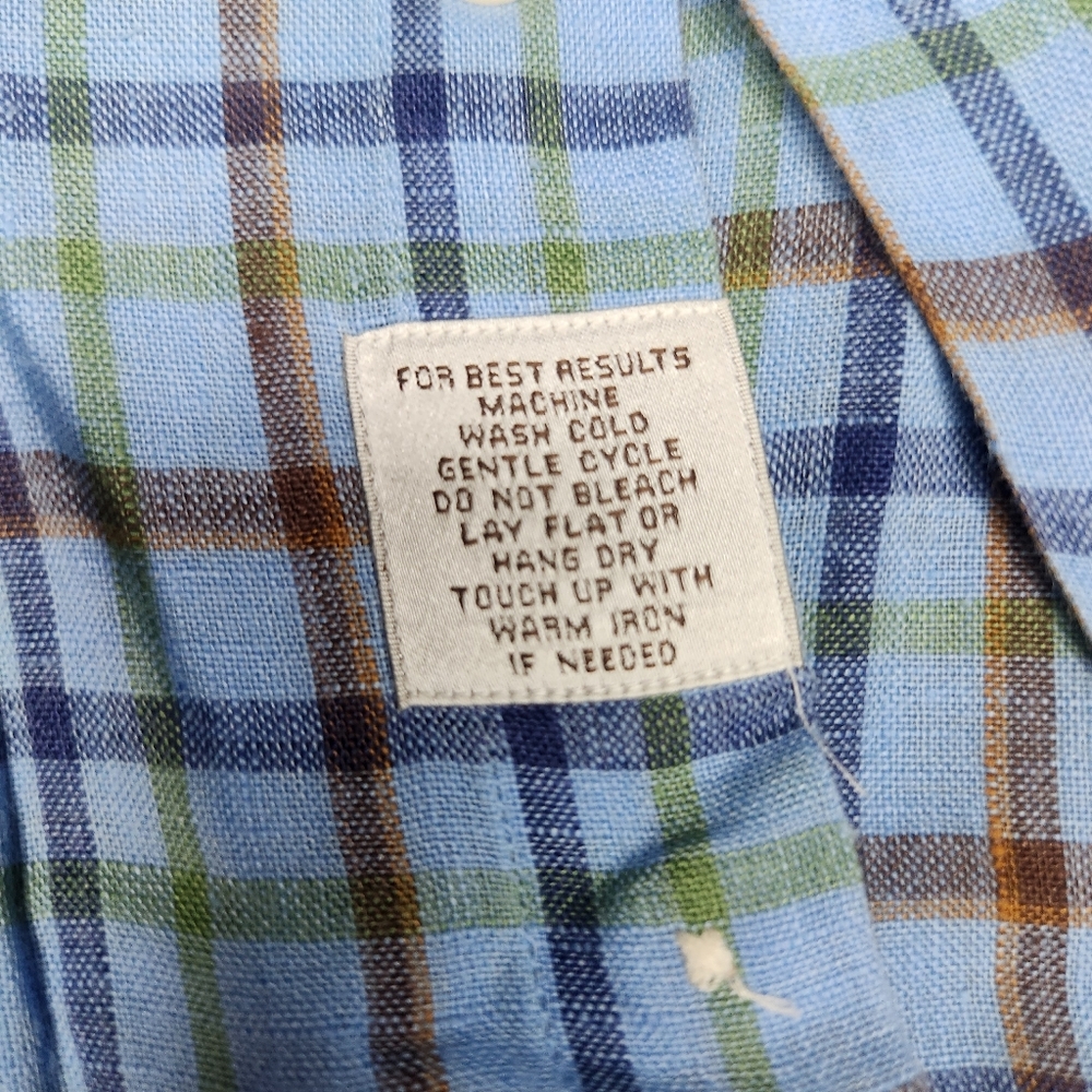 Peter Millar 100% Linen Mens Size Large Blue Plaid Long Sleeve Button Down Shirt - Picture 3 of 6